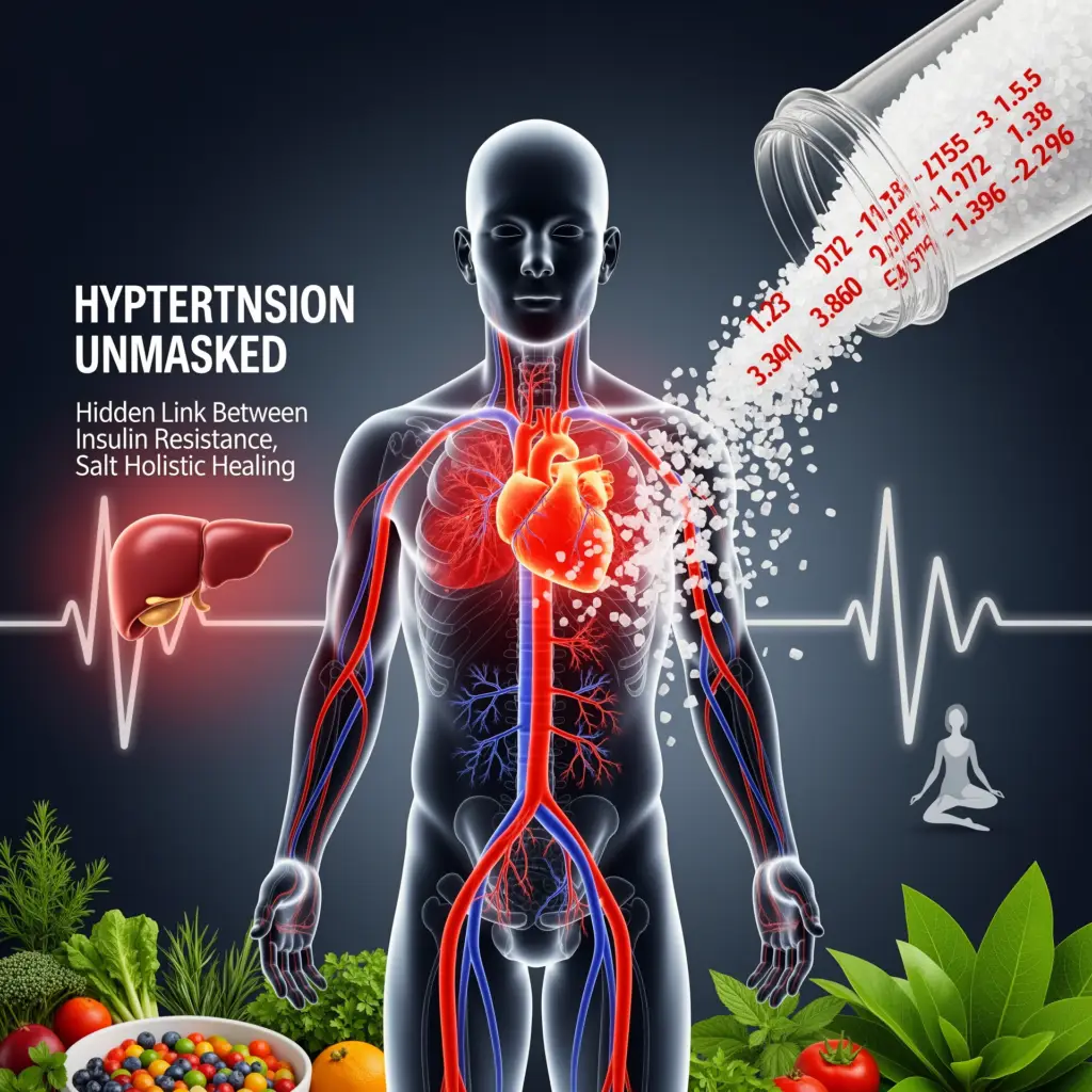 Diagram showing how insulin resistance and salt intake contribute to hypertension, with holistic healing approaches.