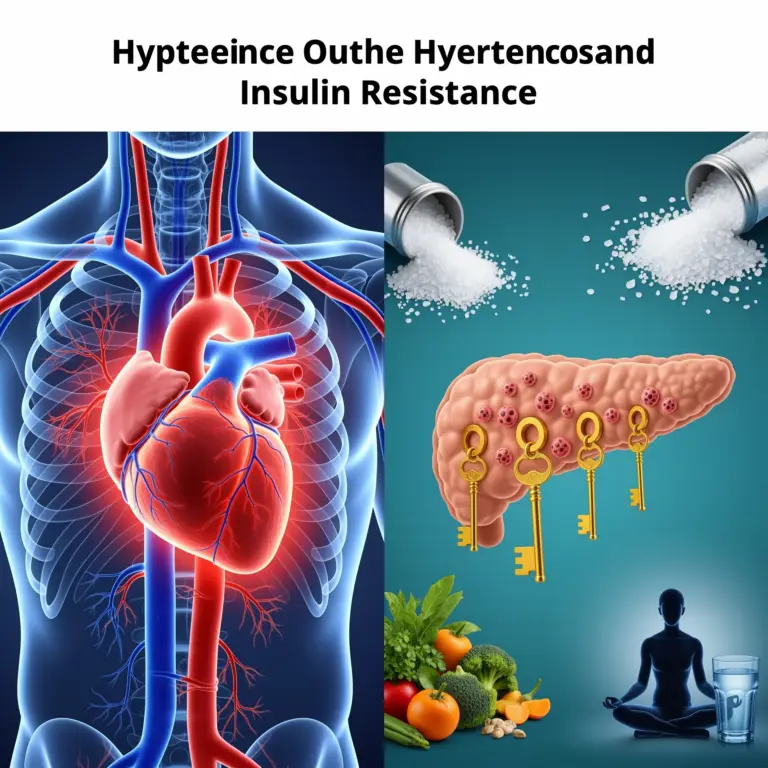 Illustration showing the connection between insulin resistance, salt intake, and high blood pressure in holistic health.